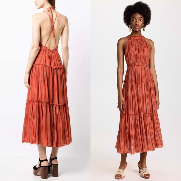 ULLA JOHNSON Cotton Stripe Sleeveless Halter Neck Open Back Tier Ruffle Dress 10 - Picture 9 of 14